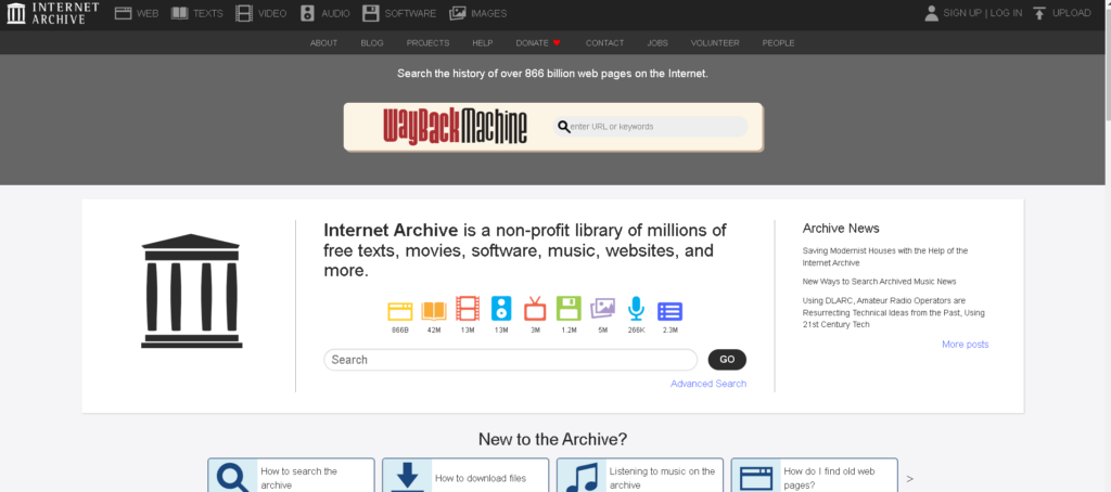 Internet Archive och The Way Back Machine sokmotor