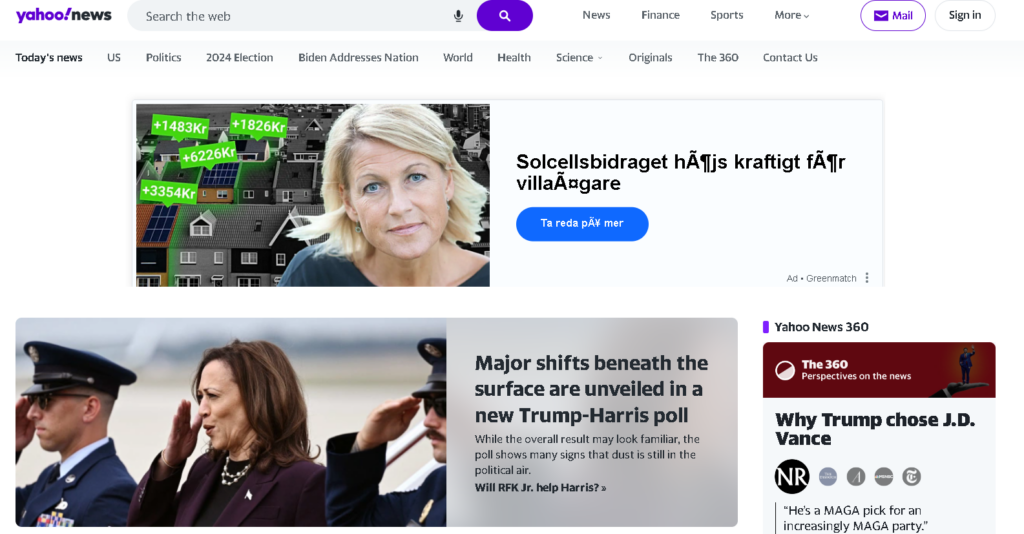 Yahoo sökmotor och utseende på startsida